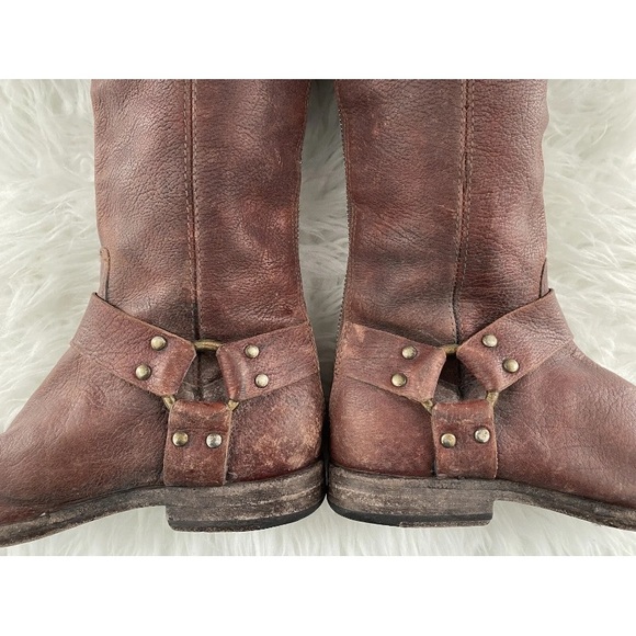 $438 FRYE Phillip Harness Tall Moto Brown Leather Riding Combat Cowboy Boots 5.5 - Picture 12 of 16